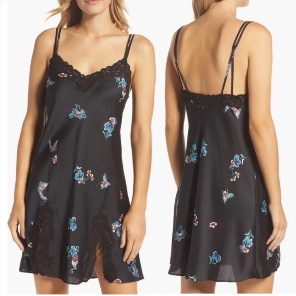 Natori Papillon Print Chemise Large Mini Slip Dress Black Butterfly Floral Lace‎